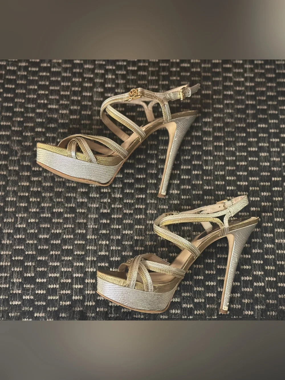 Michael Kors “Cicely” Silver & Gold Leather Strappy Platform Stiletto Heels